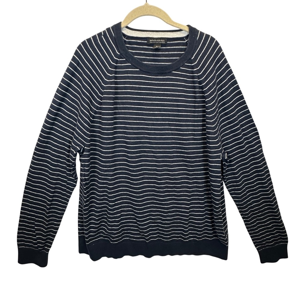 Banana Republic Mens XL Pima Cotton Cashmere Striped Sweater Navy White Raglan